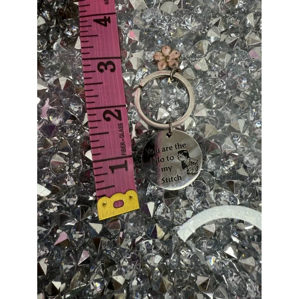 Disney keychain Silver Lilo & Stitch Round Keychain with Pink Flower Charm